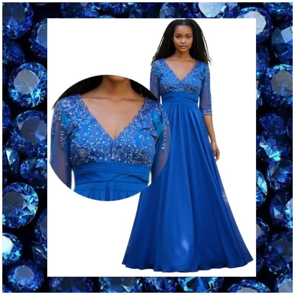 Formal Blue Sequined Empire Waist Long Chiffon Ball Gown Plus Size LIKE NEW